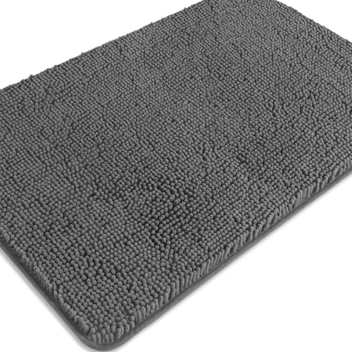 PureSwan Graue Badezimmerteppiche – Saugfähige und waschbare Badematte, rutschfest, dicke weiche Chenille-Badteppiche für Badezimmerboden, Dusche, Waschbecken - 61 x 91 cm