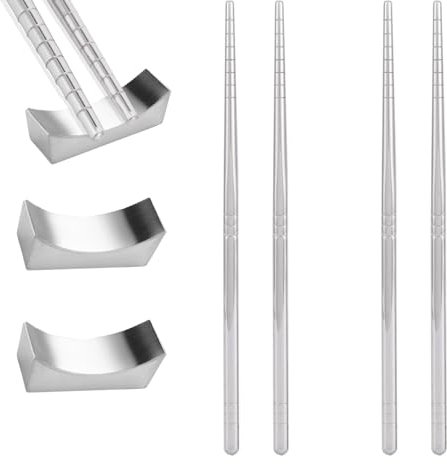 Bkemkri 2 Paires de Baguettes Réutilisables con Porte-baguettes en Acier Inoxydable, Baguettes en Métal en 304 Inox, Baguettes Chinoises Lavables au Lave-vaisselle pour Sushi Chinois Plats Coréens