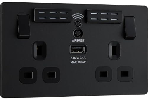 AMK® BG Double Switched Power Socket 13 Amp 2 Gang Plastic With WiFi Amplifier and USB Port Matt Black