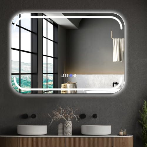 AxisFurn Badspiegel mit Beleuchtung und Touch-Schalter, LED 3 Lichtfarben Dimmbar 6500K, Wandspiegel mit Uhr und Temperaturanzeige, Badezimmerspiegel mit Explosionsgeschütztes Glas, 50 x 70cm