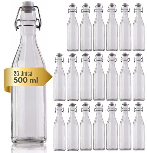 acquaverde | 20 Bottiglie in Vetro Costolata per Acqua, Bevande e Liquori, Design Vintage, Bottiglia Trasparente con Tappo Meccanico Ermetico - 500 ml
