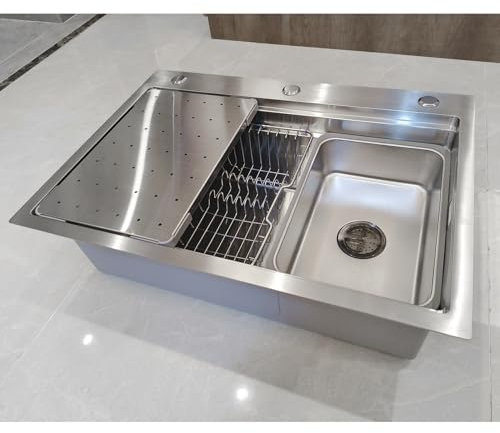 KOOGIMDDR 70 x 50 cm, lavello da cucina nero in acciaio inox 304SUS, 1 lavandino da incasso, lavello da cucina rettangolare, con scolapiatti, scarico e kit di troppopieno per il sottopiano e
