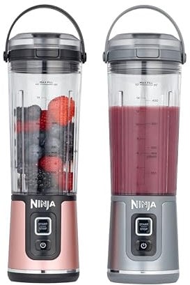 Ninja Blast 2x Batidora portátil de 530 ml, tapa a prueba de fugas y boquilla, pequeña, potente, sin cable, smoothies, batidos, hielo y fruta congelada, dorado rosa y plateado metalizado, BC151UKEUGV