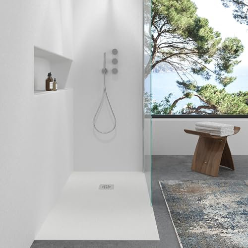 VAROBATH | Plato de Ducha Nolita – Material Resina con Carga Mineral y Textura Pizarra Antideslizante C3 – Incluye Válvula Desagüe y Rejilla (Blanco Ral-9003, 80x100)