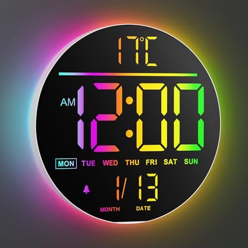 Maxstar Große Digitale Wanduhr mit Fernbedienung, 10-Zoll-Runduhr,8 RGB Farben, Modernes LED Display, Automatische Helligkeit, Sommerzeit, Temperatur, Wecker für Wohnzimmer, Schlafzimmer, Küche Dekor