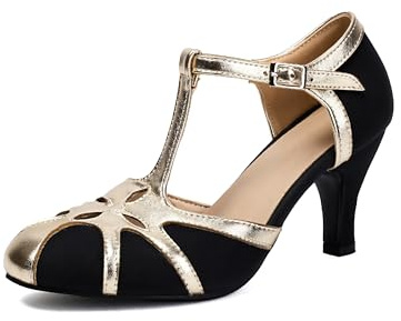 elerhythm Mary Jane Rockability Tear Cut Close Toe rond Vintage années 1950 Gatsby Talons rétro années 1920 Escarpins victoriens, Noir , 38 EU