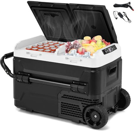 GOPLUS 40 l kompressor kylbox dubbel zone, minikylskåp – 12 V/240 V | LED-skärm | USB-port, elektrisk kylbox med hjul och handtag, -20 ℃ till 20 ℃, för bil, lastbil, båt, husbil, camping