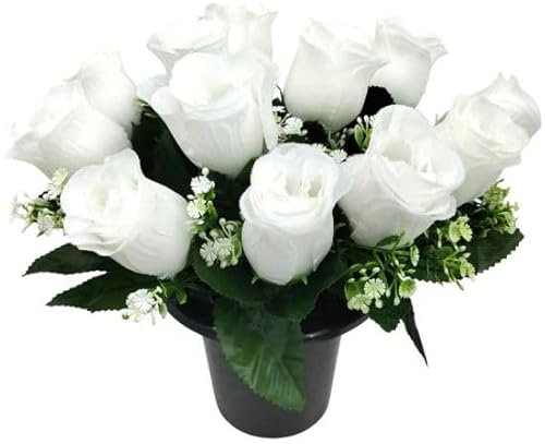 Faucet 12 roses blanches | 25 cm Pots de fleurs grave | Fleurs artificielles pour les tombes | Pour le cimetière et les décorations florales | Fleurs funéraires du cimetière de fleurs tombales |