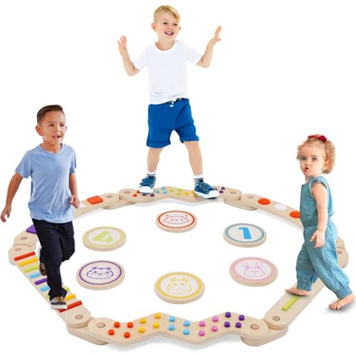 Kinder Schwebebalken aus Holz mit 6 Stück Kinder Balance Trittsteine,Montessori Schwebebalken für Kleinkinder,Koordinations- und Stabilitätstraining,Geschenk für Jungen und Mädchen ab drei Jahren