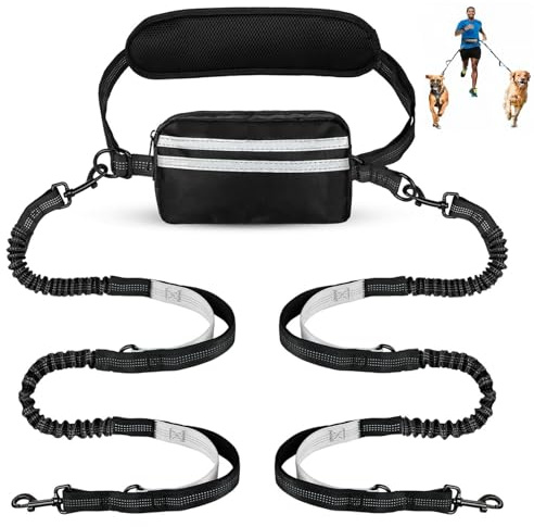 Freihändige Hüftgurt-Leine für 2 Hunde,Mit praktischer Tasche, doppelter Befestigung & federndem Bungee-Seil. Doppelt gepolsterter Griff – ideal für Joggen, Spazieren und Laufen (Schwarz/Grau)