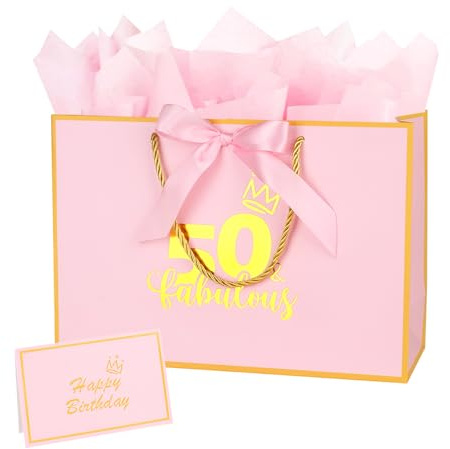 12.6Inch 50th Birthday Gift Bag with gift Card and Tissue Paper for Women's 50th Birthday Supplies (Pink 50th)