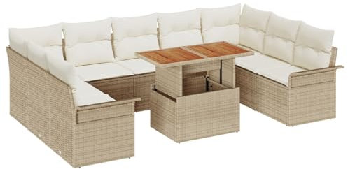 vidaXL 10-teilige Garten Essgruppe Outdoor Rattan Sofa mit Kissen Beige Akazien Tisch Bequeme Sitzmöglichkeiten für 9 Modulares Möbel Patio Balkon 4-Sitzer