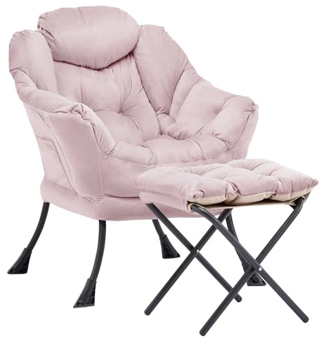 Aunekiv Sessel mit Hocker, Bequemer Ohrensessel und Armlehnensessel, Lesesessel mit Seitentasche, Moderner Relaxsessel für Wohnzimmer, Schlafzimmer und kleine Räume,Rosa