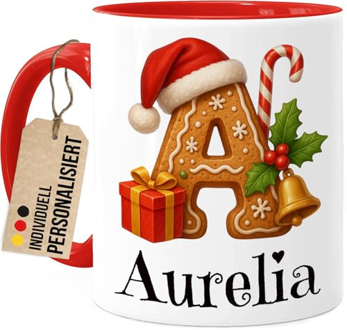 Tassenliebling® Tasse personalisiert mit Namen - Rot - Weihnachtstasse mit Wunschbuchstabe - Geschenkidee zu Weihnachten - 330ml Keramik