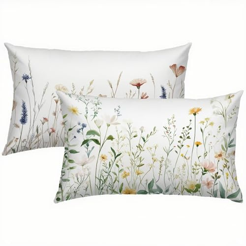 Frühling Kissenbezug 40 x 60 Leinen 2er Set, Outdoor Wasserdichter Kissenbezug Blumen, Kissenbezüge mit Mikrofaser Reißverschluss, Kissenhüllen für Schlafzimmer & Sofa, Weich & Pflegeleicht S5-89