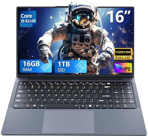 AFFGUOK PC Portatile 16 Pollici con Core i5-8210Y, Laptop 16GB RAM 1TB SSD, Notebook Schermo IPS 1920x1200, Computer Portatile con Tastiera Retroilluminata, Mini-HDMI USB3.0 RJ45 Wi-Fi5 BT5.0 5800mAh