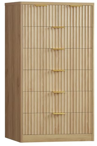 TEENFON Hohe Kommode mit 7 Schubladen und Vertikaler Rillenoptik, 122 cm Hohe Schubladenkommode mit Metallgriffen, Massivholz Aufbewahrungsschrank für Kleidung, für Schlafzimmer & Flur, Naturholzfarbe