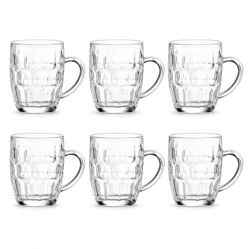 Pack 6 Jarras Cerveza 280 ml Vidrio Transparente con Diseño en Relieve | Asa Cómoda y Formato Ideal para Servir Cerveza Bien Fría, Diseño Transparente