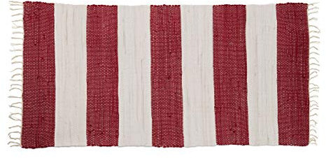 Relaxdays Flickenteppich gestreift 70 x 140 cm mit Fransen aus 100 % Baumwolle, Fleckerlteppich, Weiß-Rot