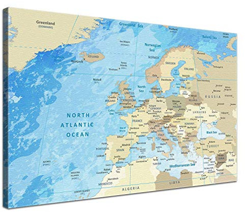 LANA KK – Europakarte Leinwandbild mit Korkrückwand zum pinnen der Reiseziele „Europakarte Frozen” - englisch - Kunstdruck-Pinnwand Globus in blau, in 100x70cm
