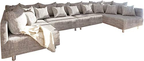 DELIFE Couch Clovis XL Hellgrau Strukturstoff mit Hocker Wohnlandschaft