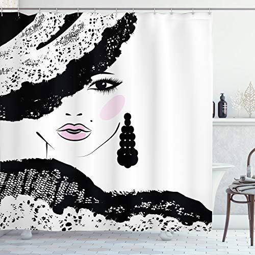 ABAKUHAUS Fashion Duschvorhang, Barock Frau Hut, Stoffliches Gewebe Badezimmerdekorationsset mit Haken, 175 x 200 cm, Charcoal Grey Pale Pink