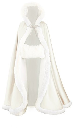 BEAUTELICATE Umhang Damen Mit Kapuze Cape Hochzeit Braut Winter Mit Pelzbesatz in Voller Länge Mehrere Farben FREIER Hand MUFF, Ivory, Länge:140cm(55)