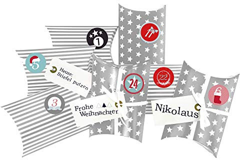 Frau WUNDERVoll® DIY ADVENTSKALENDER CHRISTKIND zum Befüllen, grau Sterne und Streifen, Ziffern bunt, Kissenschachteln 15x11x4,5cm / Weihnachten, Papiertüten, Kinder, Geschenkbeutel, Aufkleber