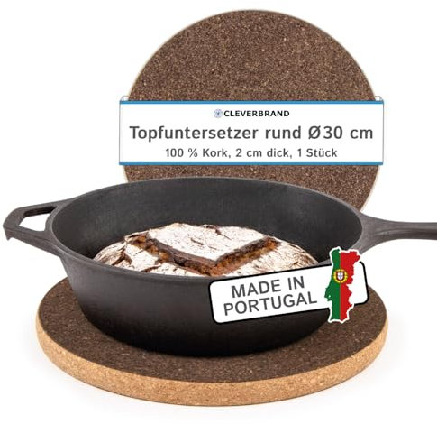 Cleverbrand Topfuntersetzer aus Kork, hitzebeständig rund, Ø 30 cm, 2 cm dick, rund, Naturkork Untersetzer für Töpfe und Pfannen – Made in Portugal