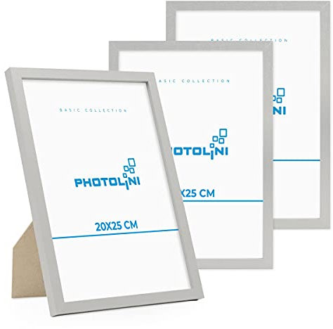 PHOTOLINI Bilderrahmen 20x25 Silber MDF-Holz, 3er Set Poster-Rahmen, bruchsicheres Acrylglas, zum Aufhängen & Aufstellen, extra Zubehör - für Fotos & Poster