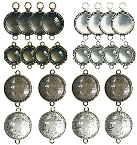 Allazone 48 PCS Pendant Tray Kit, Double Hole Bracelet Blanks Pendant Trays with 24 PCS Glass Cabochon Round Connector Charms Bracelet Cameo Bezel Settings Photo Jewelry for Crafting DIY