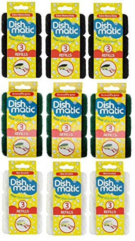 27 x Mixed Dishmatic Sponge Scourer Replacement Refill Head Full Box (9 x Non Scratch, 9 x Heavy Duty, 9 x Extra Heavy Duty)