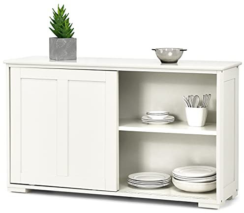 GIANTEX Aparador Bajo con Puertas, Mueble de Cocina con Estante Ajustable en Altura y Puertas Correderas, 106,5 x 33 x 60 cm, Mueble Auxiliar para Cocina, Salón y Pasillo (Blanco Crema)