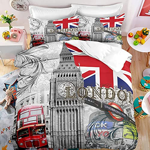 WQIZXCW Set Copripiumino Singolo Londra, Copri Piumino 155x200 cm con Cerniera e 1 Federe 50x80 cm, Set di Biancheria da Letto 2 Pezzi in Microfibra