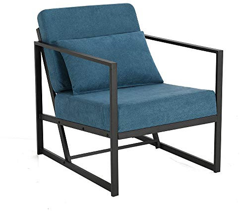 Mingone Sessel Gepolsterter Cocktailsessel Relax Polstersessel Stuhl Lehnstuhl Blau aus Leinen Loungesessel mit Handläufen Eisengestell für Wohnzimmer, 1