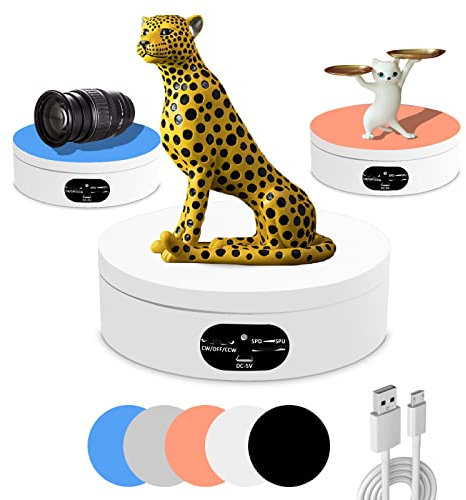 YVVV Velocidad Ajustable Giratoria Eléctrica para Fotografía, Base Giratoria Eléctrica de 360, Plato Giratorio para Fotografía, Grabación de Vídeo, Presentaciones de Joyas Batería USB 16CM