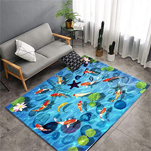 Chickwin Teppich Wohnzimmer Outdoor, Weiche Antirutschunterlage Kurzflor Moderne Blau Teppiche für Schlafzimmer Kinderzimmer Küche Terrasse Schlafzimmer-3D Muster (Fisch Teich,80x120cm)