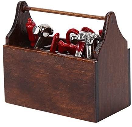 Joyzan Doll House Toolbox, 1:12 Miniature Tool Box Mini Wooden Model Simulation Decorative Ornaments Decor Repair Work with 8pcs Metal Tools Set for Scale Dollhouse Accessories Girls Pretend Play