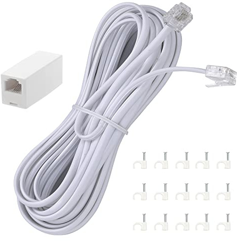 Ubramac 15 Feet Long Telephone Extension Cord Phone Cable Line Wire, with Standard RJ11 Plug and 1 in-Line Couplers and 15 Cable Clip Holders-White