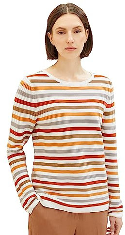TOM TAILOR Damen Basic Strickpullover aus Bio-Baumwolle, 32441 - Orange Ottoman Stripe, XS