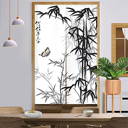 Surwin Japanischer Stil Türvorhang Japan Noren Raumteiler Tapisseri Leinen Lang Vorhänge Partition Gardinen Tür Vorhang Tapisseri für die Türdekoration (90x200cm,Schwarzer Bambus)