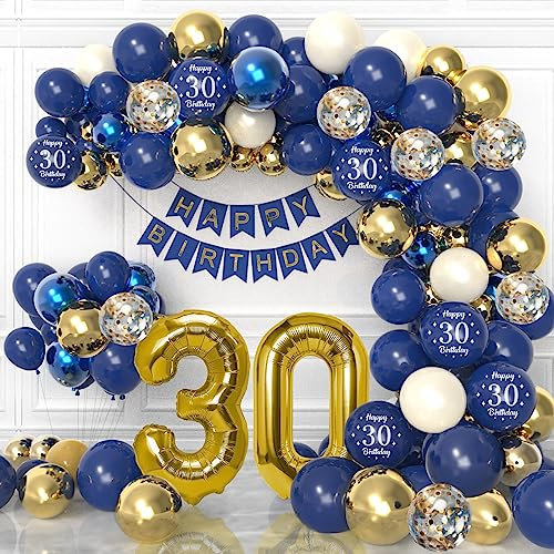 30 Geburtstag Deko Mann Frauen, Deko 30 Geburtstag mann, 30. Geburtstag Marineblau Gold, Geburtstagsdeko 30, Happy Birthday Banner, Konfetti Luftballons, 30 Jahr Geburtstagdeko für Männer Frauen