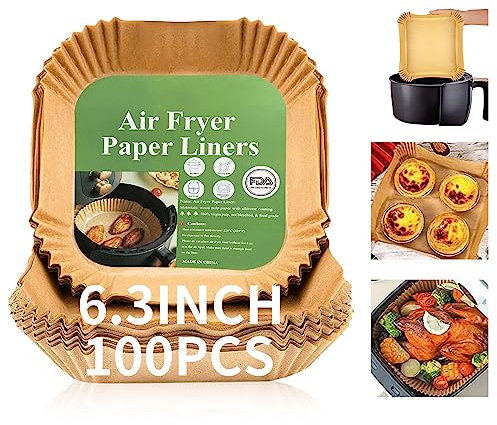 Forros cuadrados desechables para freidora de aire, 100 forros de freidora de aire de 6.3 pulgadas, papel de pergamino antiadherente natural para freidora de aire, a prueba de aceite, impermeable,