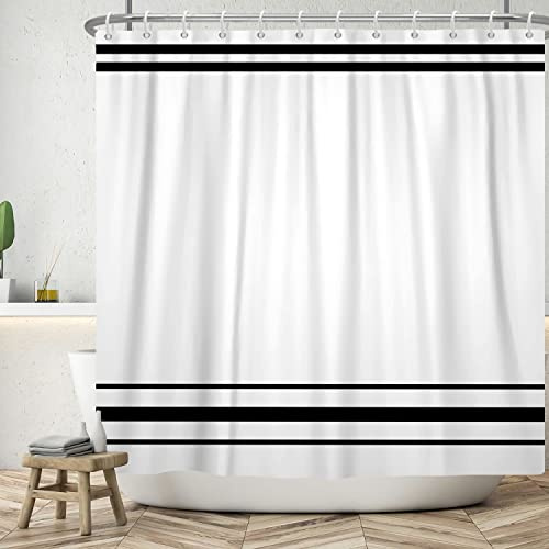 SDOTPMT 180x198cm Schwarzer und weißer Duschvorhang Moderner klassischer schwarz gestreifter Badevorhang Rustikaler Bauernhaus Minimalismus Badewanne Vorhang für Badezimmer Dekor mit Haken