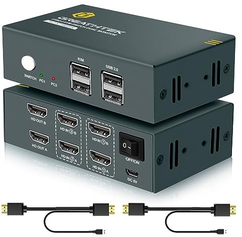 GREATHTEK Hdmi Kvm Switch 2 Monitors 2 Computers 4K @ 30Hz, Dual Monitor Kvm Switch 2 Pcs Share Keyboard and Mouse, Kvm Switches 2 Ports with Shortcut Key Support, with Usb 2.0 Ports