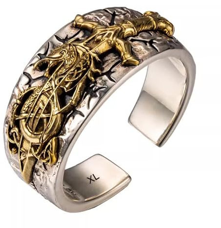 925 Sterling Silber Drache mit Schwert Ring gravierter Wikinger Vegvisir Kompass Nordischer Schmuck für Herren Damen Offen Verstellbare Größe XL