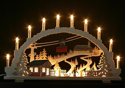 Großer Schwibbogen 70cm, Fichtelberg mit Schwebebahn in Oberwiesenthal inkl. LED- Innenbeleuchtung, 10 Kerzen, Handarbeit aus dem Erzgebirge