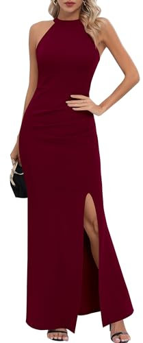 Missufe Maxi abito da donna con allacciatura al collo, senza maniche, abito da sera elegante, bodycon, lungo, Bordeaux, L
