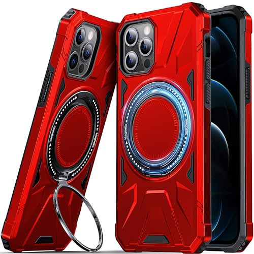DASFOND Armor Hülle für iPhone 12/12 Pro Case Militär Stoßfest Handyhülle [Upgrade 2.0] Metal Ring Halter Ständer Schutzhülle [Kompatibel mit MagSafe], Rot