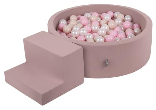 KiddyMoon Spielplatz Aus Schaumstoff Mit Rund Bällebad (200 Bälle) Ballgruben Für Babys Spielbad Hindernisläufen, Erikafarben:Pastellbeige/Puderrosa/Perle